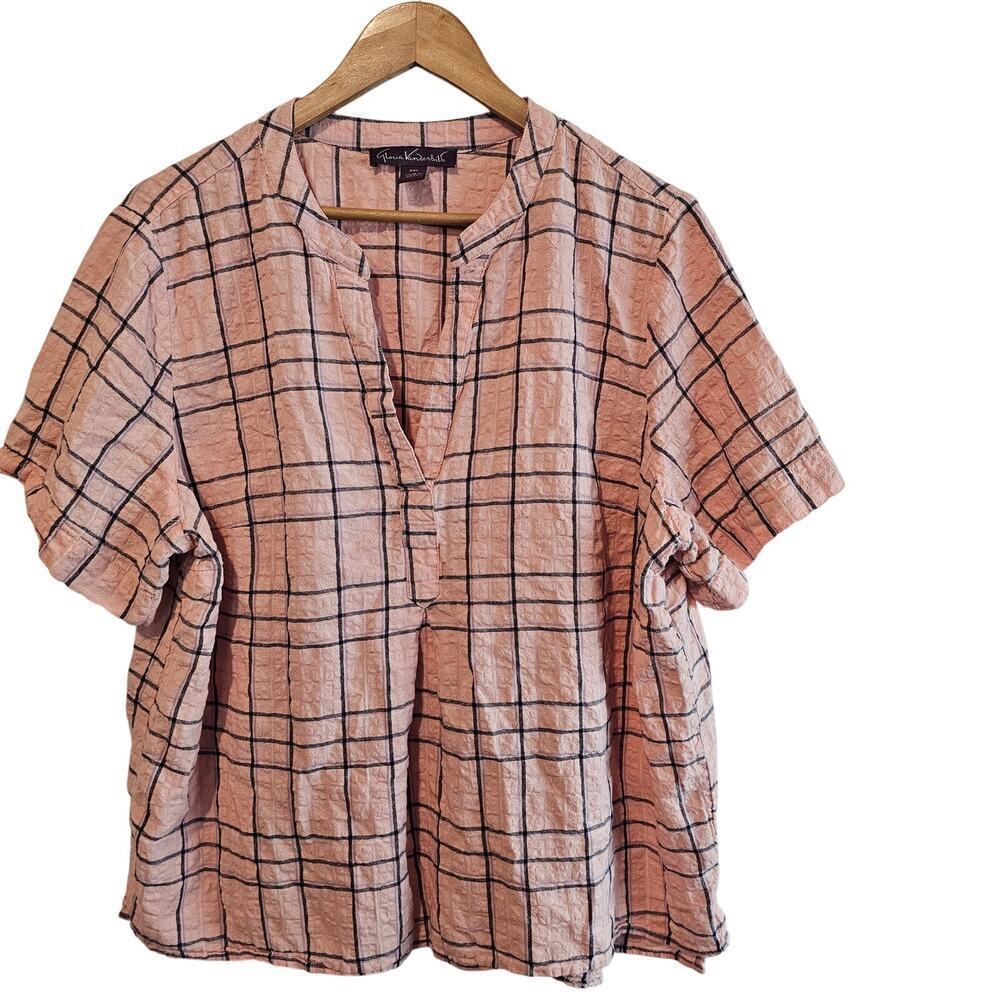 Gloria Vanderbilt Babydoll Blouse Womens Size XXL Pink Plaid Y2K Preppy Neutral